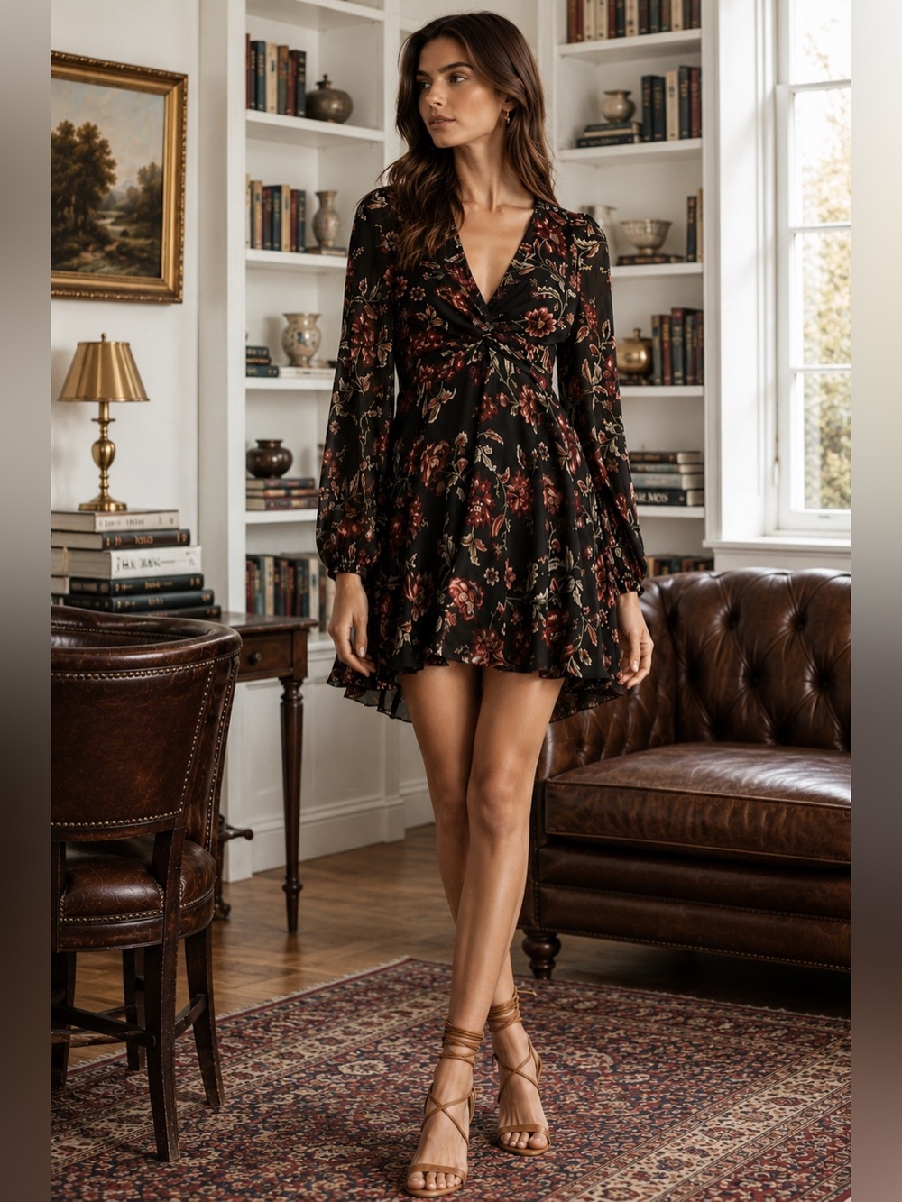 A.L.C. Annette Long Sleeve Silk Mini Dress Black Multi Color Floral Size 4
